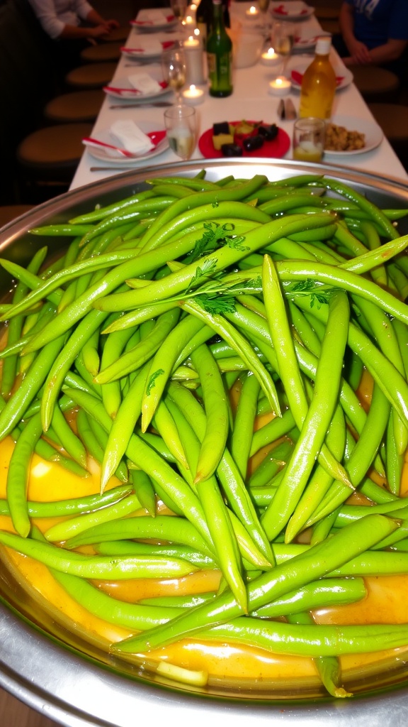 A serving platter of garlic butter green beans garnished with parsley, ideal for a large gathering.